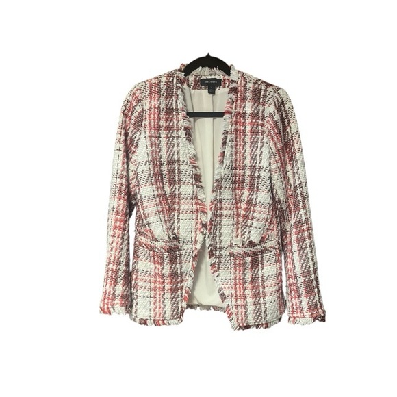 Halogen Tweed Plaid Fringe Trim Blazer - Picture 1 of 7